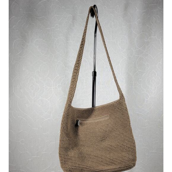 Vintage Sak Crochet Shoulder Bag 10" Dark Tan Nylon Ladies Handbag Pockets - Picture 13 of 16